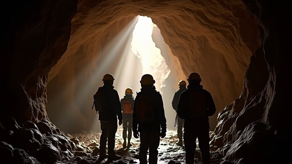 Grupo de exploradores en una cueva dentro de un mogote, con luz natural filtrándose