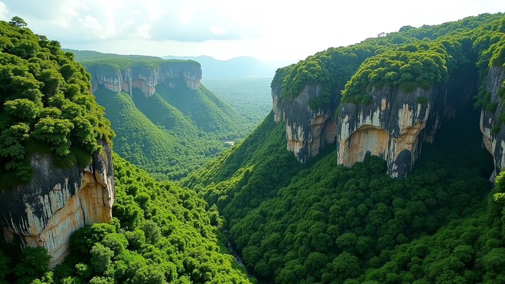 Vista aérea de mogotes rodeados de vegetación tropical densa en Puerto Rico
