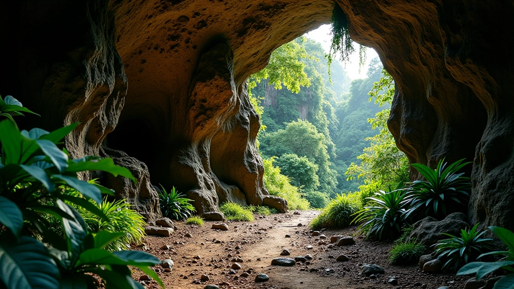 Entrada de cueva grande rodeada de vegetación tropical y rocas calizas