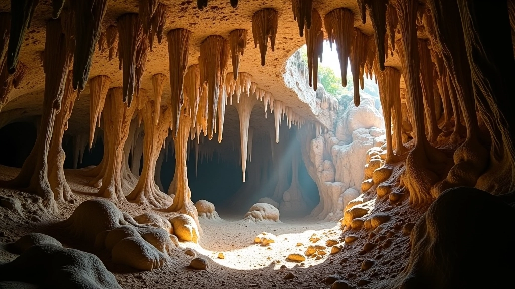 Interior de caverna mostrando estalactitas y estalagmitas iluminadas naturalmente