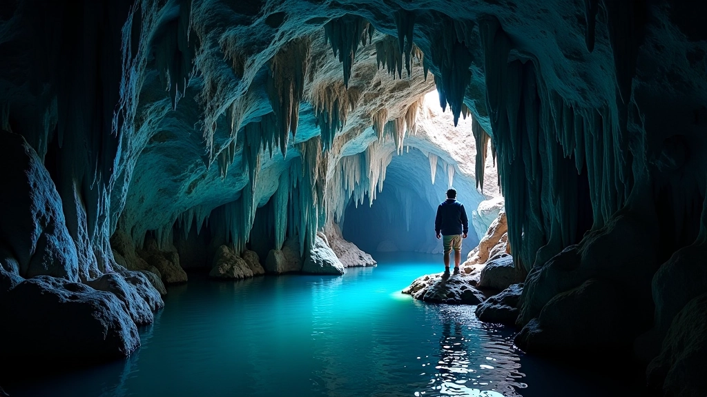 Interior de la Cueva del Camuy mostrando formaciones de piedra y el río subterráneo