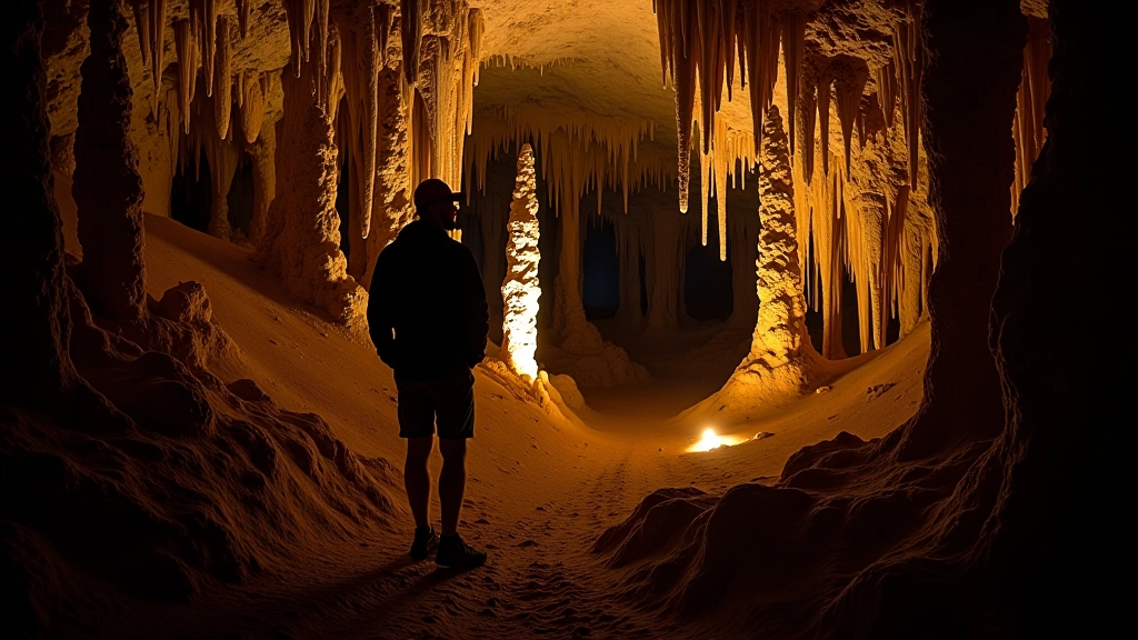 Pasillo de caverna con múltiples estalagmitas iluminadas de diferentes alturas y formas, mostrando la variedad de formaciones