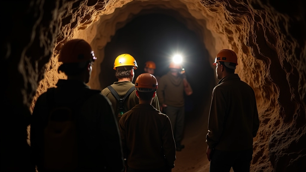 Grupo de exploradores navegando a través de un pasaje estrecho dentro de la cueva