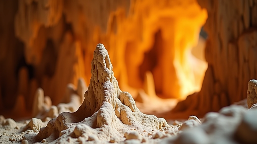 Formación de estalagmita creciendo desde el piso de una caverna, mostrando capas minerales de diferentes colores