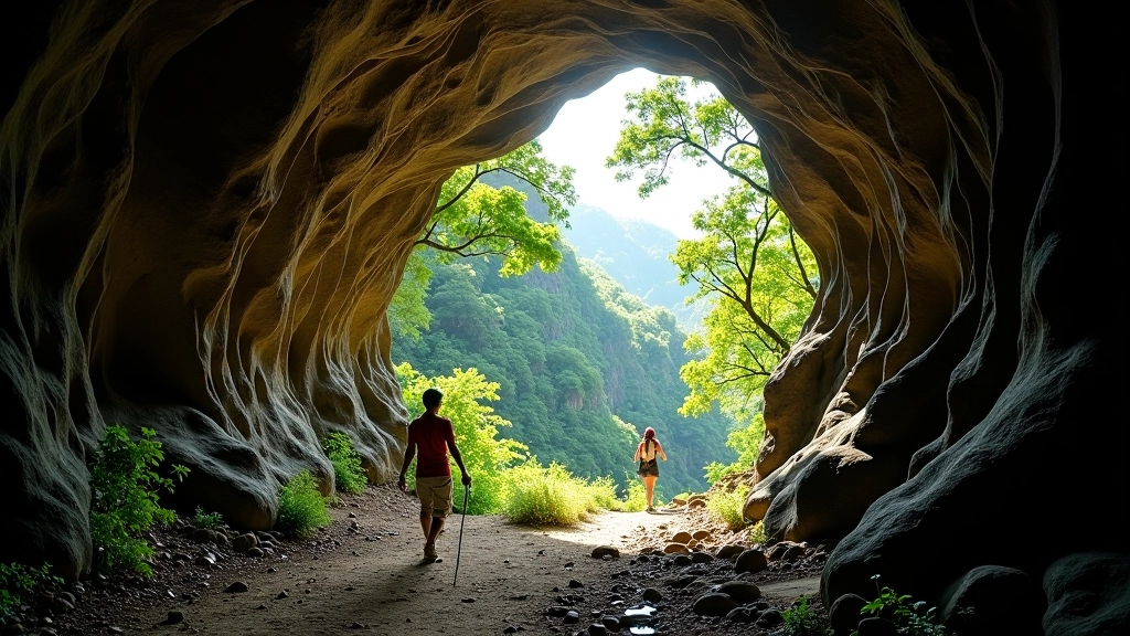 Entrada de caverna de piedra caliza con luz natural filtrándose entre formaciones rocosas