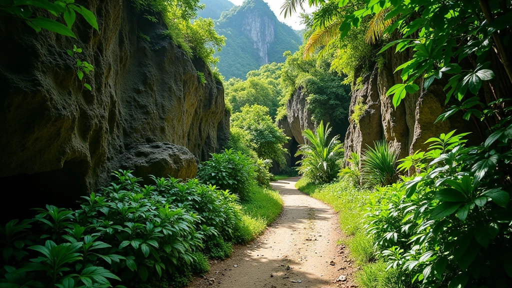 Sendero de senderismo rodeado de vegetación tropical y formaciones de piedra caliza