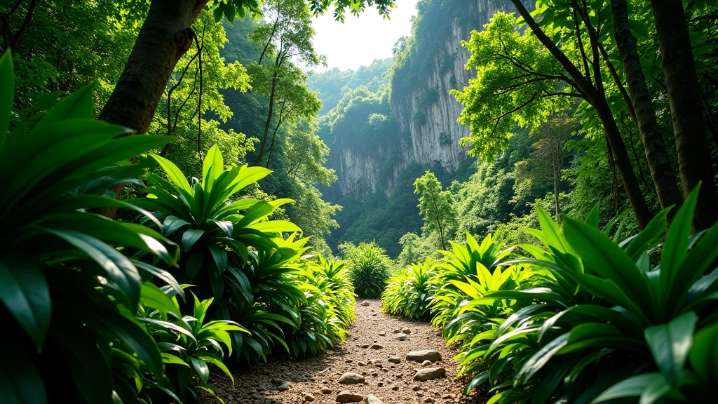 Sendero de senderismo a través de la exuberante vegetación tropical