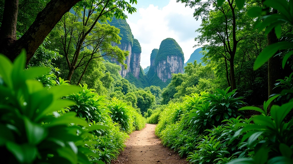 Sendero de senderismo a través de bosque tropical junto a mogotes