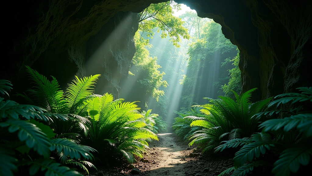 Bosque tropical húmedo con helechos gigantes, luz natural filtrándose entre árboles, ambiente exuberante