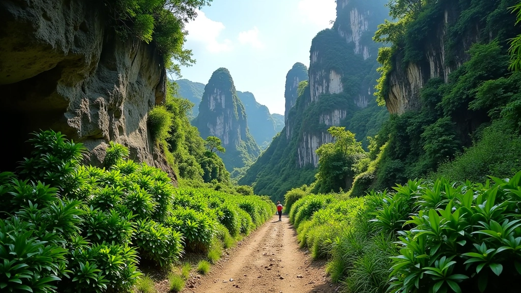 Sendero entre mogotes de piedra caliza con vegetación tropical, vista panorámica del paisaje cárstico