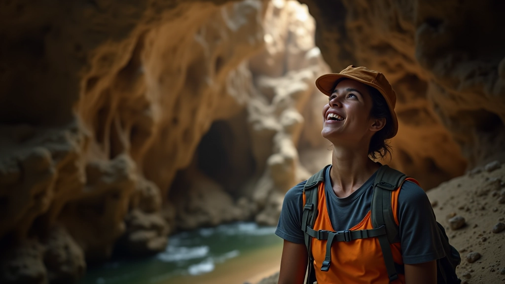 Explorador observando formaciones de estalactitas en el interior de una caverna